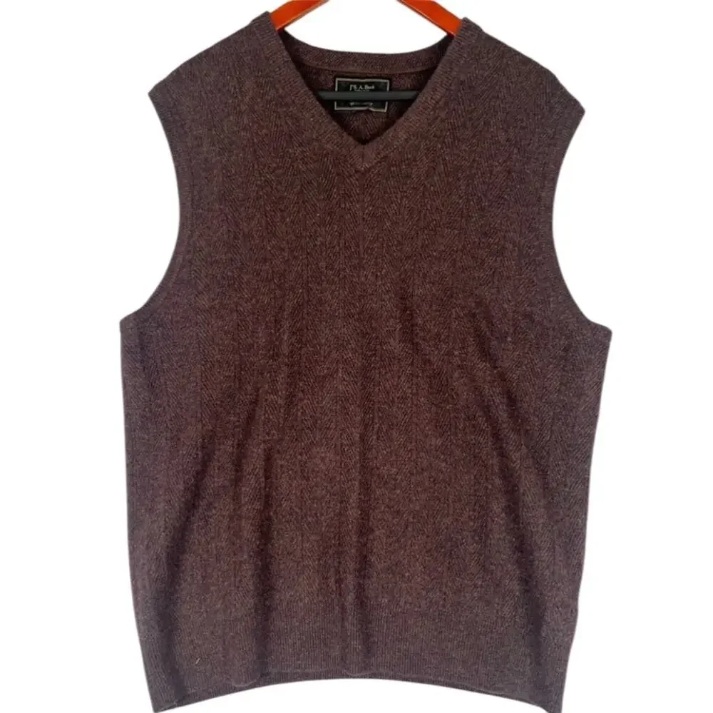 Jos A Bank Cashmere Sweater Vest Mens XL Brown Herringbone Preppy Quiet Luxury